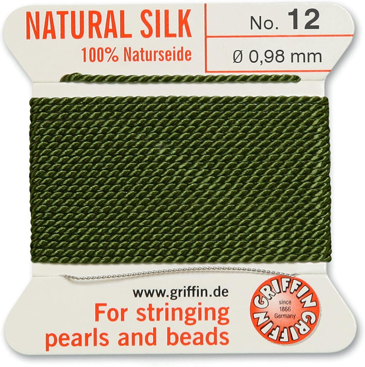 Griffin Silk Bead Cord Perlseide – Size 12 (0.98mm) – 2 Meters per Card – Stainless Steel Needle Attached – for Knotting Pearls, Gemstones, Crystals and Beads